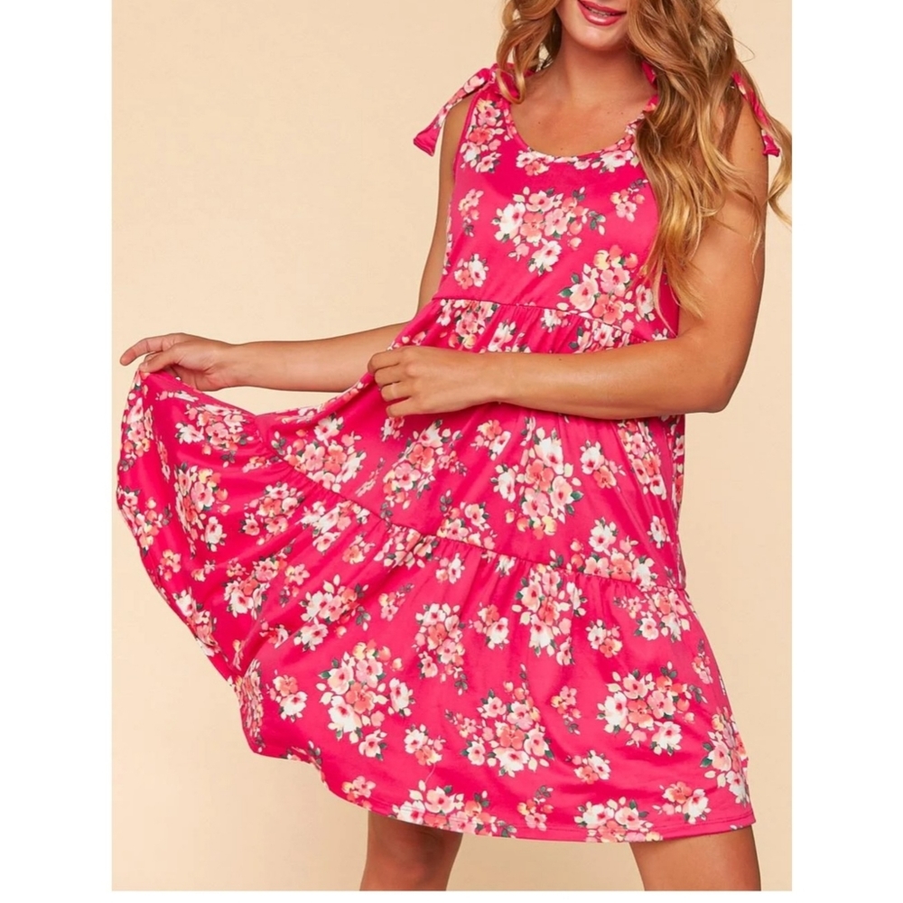 42 Hot pink flowy fuchsia floral tiered plus size empire waist mini dress